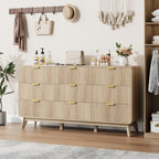 QUW Fluted 59.1" Wide Modern Dresser for Bedroom with 9 Drawers, Tall Chest of Drawers with Metal Handle, Wooden Dresser TV Stand, Hallway, Living Room, Natural Oak