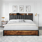 GarveeHome King Size Bed Frame with 4 Storage Drawers, Upholstered Storage Charging Headboard, Heavy Duty Metal Platform Bed Frame, Noise Free, No Box Spring Needed, Rustic Brown