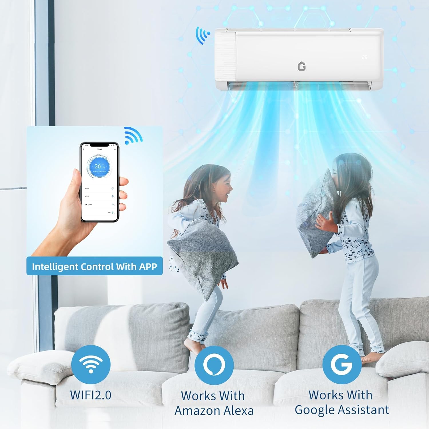 Mini Split Air Conditioner 9000 BTU with 18.5 SEER2 Efficiency, Smart Split Unit AC Cooling/Heating Up to 450 Sq.Ft, Inverter Tech Ductless Air Conditioner with WiFi & Remote Control