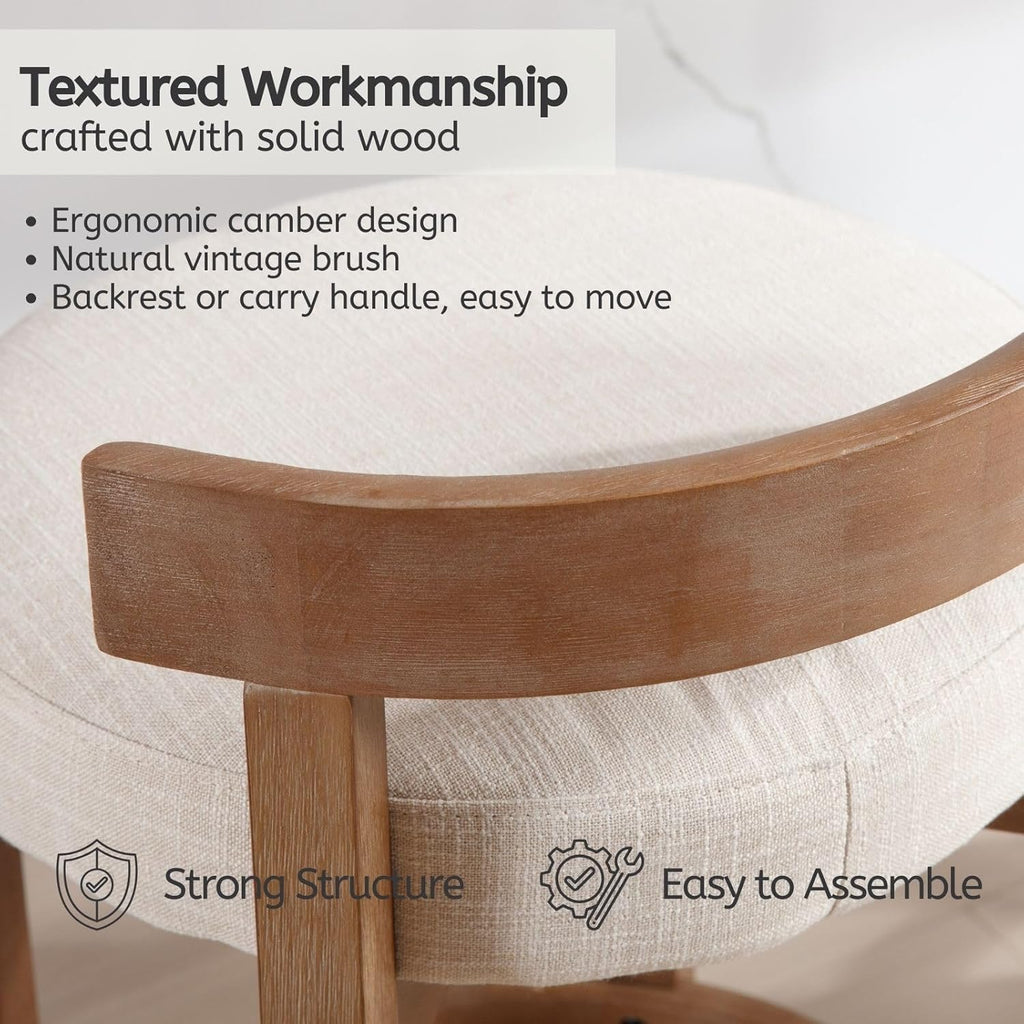 LukeAlon Mid Century Linen Counter Stools Set of 4, Upholstered 26.5” Seat Height Low Barstools with Natural Wood Legs Round Low Back Kitchen Stools with Footrest for Dining Room, Beige