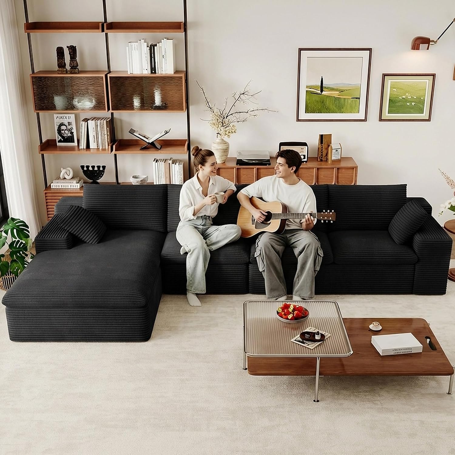 136" Cloud Modular Sectional Couch with L-Shaped Chaise,Corduroy Boneless Sofa,Memory Foam Couches in a Box with Deep Seat for Living Room,No Assembly Required (Black,Left-Facing Chaise)