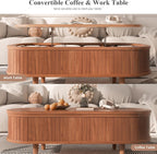 Easyego Oval Lift Top Coffee Table with Storage, 40" Fluted Modern Hidden Compartment Center Table for Living Room, Small Space Apartment, Home Office Desk, Walnut