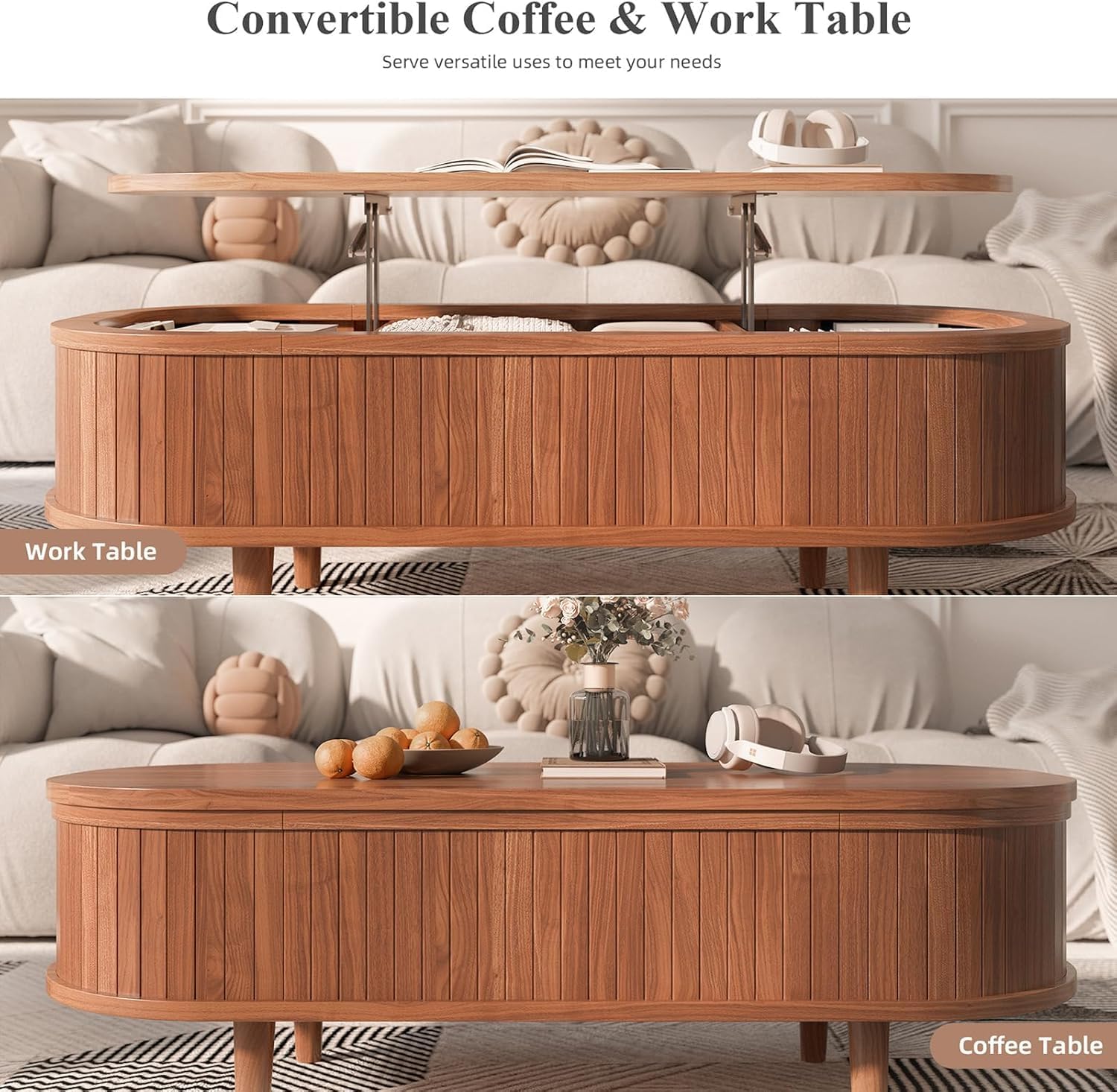 Easyego Oval Lift Top Coffee Table with Storage, 40" Fluted Modern Hidden Compartment Center Table for Living Room, Small Space Apartment, Home Office Desk, Walnut