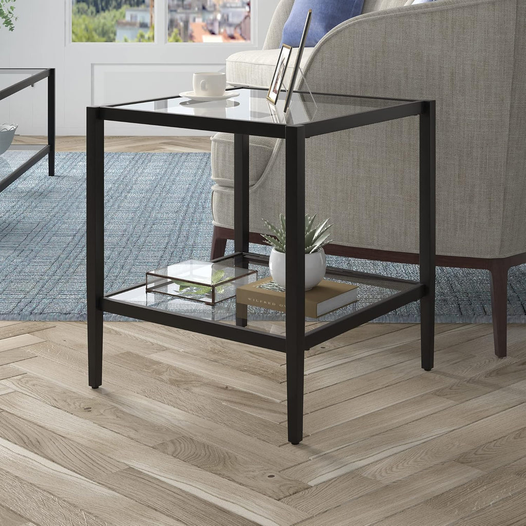Henn&Hart 20" Wide Square Side Table with Glass Shelf in Blackened Bronze, Table for Living Room, Bedroom