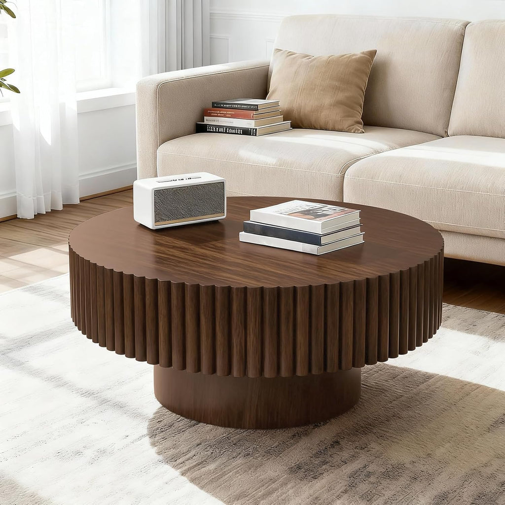 Rovibek Fluted Round Coffee Table, 31.5" Modern Wooden Coffee Table with Fluted Base, Circle Accent Center Table for Living Room Apartment Office Small Space, Easy Assembly (Walnut)