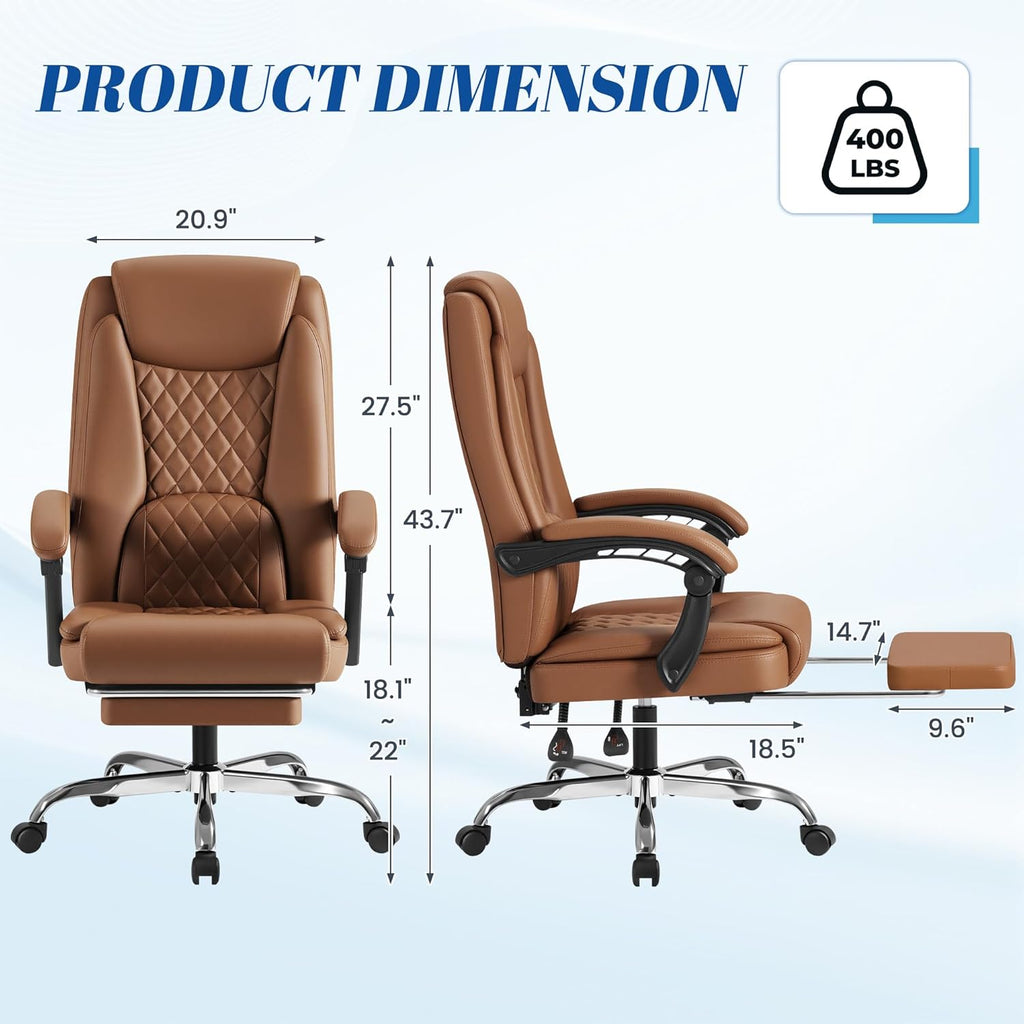 Furmax Office Chair with Footrest Ergonomic High Back Design Executive Computer Desk Chair400lbs, 90-135° Reclining Leather Home Office Desk Chairs Swivel Task Chairs with Wheels (Brown)