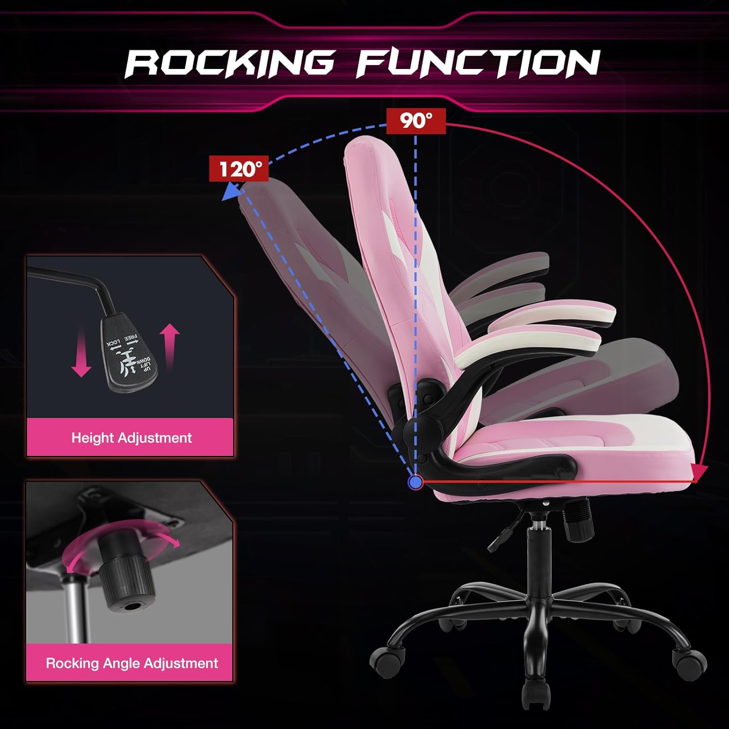 Sweetcrispy Computer Gaming Desk Chair - Ergonomic Lumbar Support Executive with PU Leather and Flip-up Armrest, Height Adjustable with 360° Swivel Wheels, Pink White, for Home and Office
