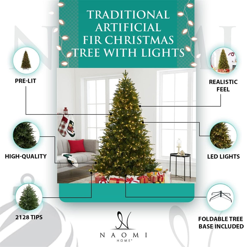 Naomi Home Traditional 7.5ft Prelit Artificial Christmas Tree with 1746 Branch Tips, 550 Warm Lights and Metal Stand, 52" Wide Realistic Fir Christmas Tree with Lights
