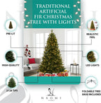 Naomi Home Traditional 7.5ft Prelit Artificial Christmas Tree with 1746 Branch Tips, 550 Warm Lights and Metal Stand, 52" Wide Realistic Fir Christmas Tree with Lights