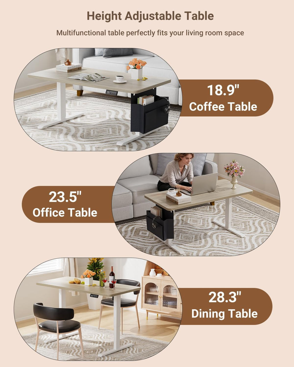 Coffee Table, Height Adjustable Electric Coffee Table with Storage Bag Lift Tabletop Dining Table Office Table with Lockable Wheels for Living Room (Grey Oak Look, 40 x 24 Inches)