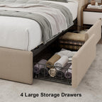 Upholstered Full Size Bed Frame with 4 Storage Drawers, Platform Bed with Wingback Headboard, Charging Station, No Box Spring Needed, Beige