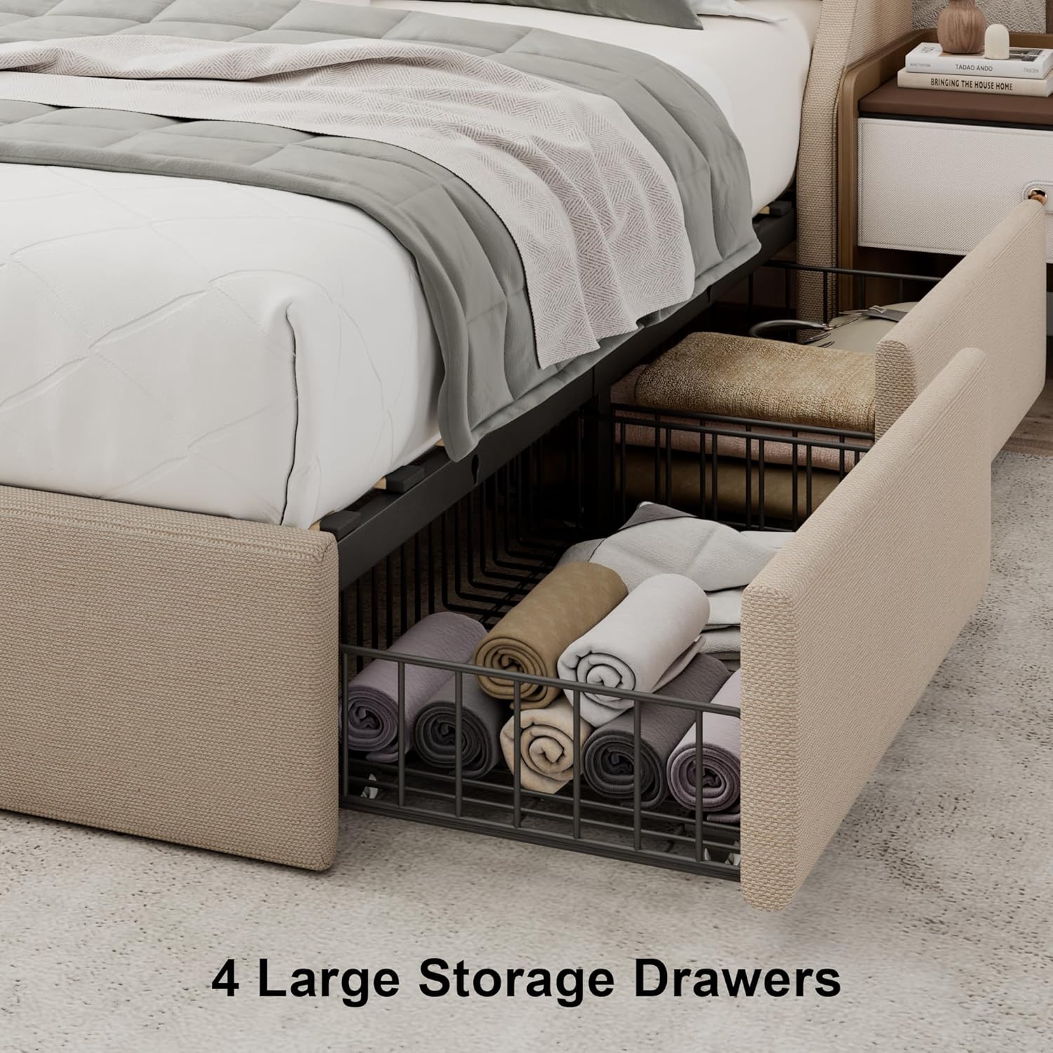 Upholstered Full Size Bed Frame with 4 Storage Drawers, Platform Bed with Wingback Headboard, Charging Station, No Box Spring Needed, Beige