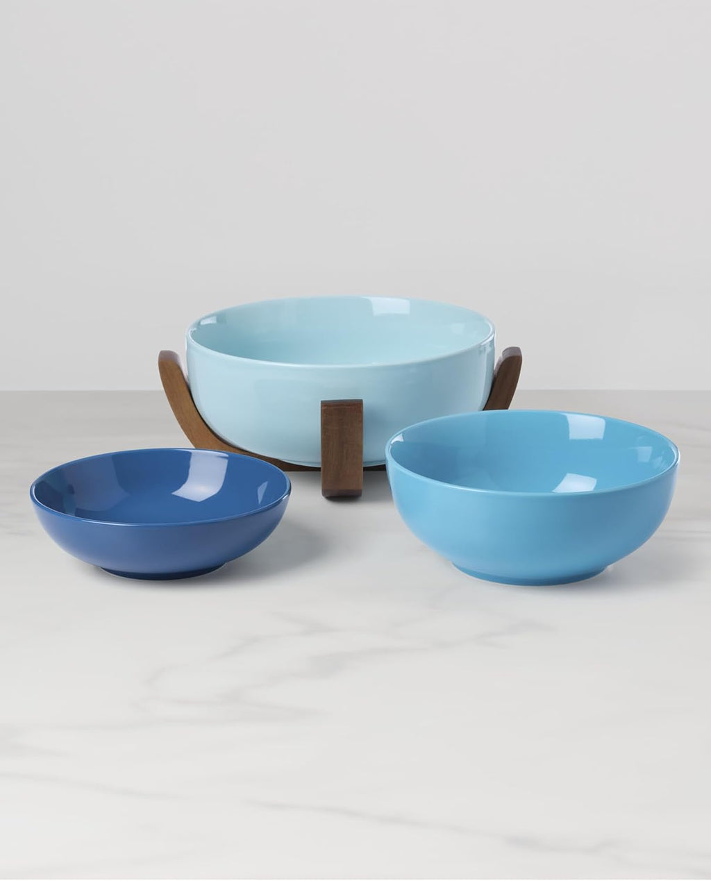Oneida Serveware, 24 Seven Colors 3-Piece Nesting Bowl Set With Wood Stand, Porcelain Material Wooden Stand, Dishwasher And Microwave Safe, Serving Bowls, Salad Bowl, Pasta Bowls (Turquoise, 4 Pieces)