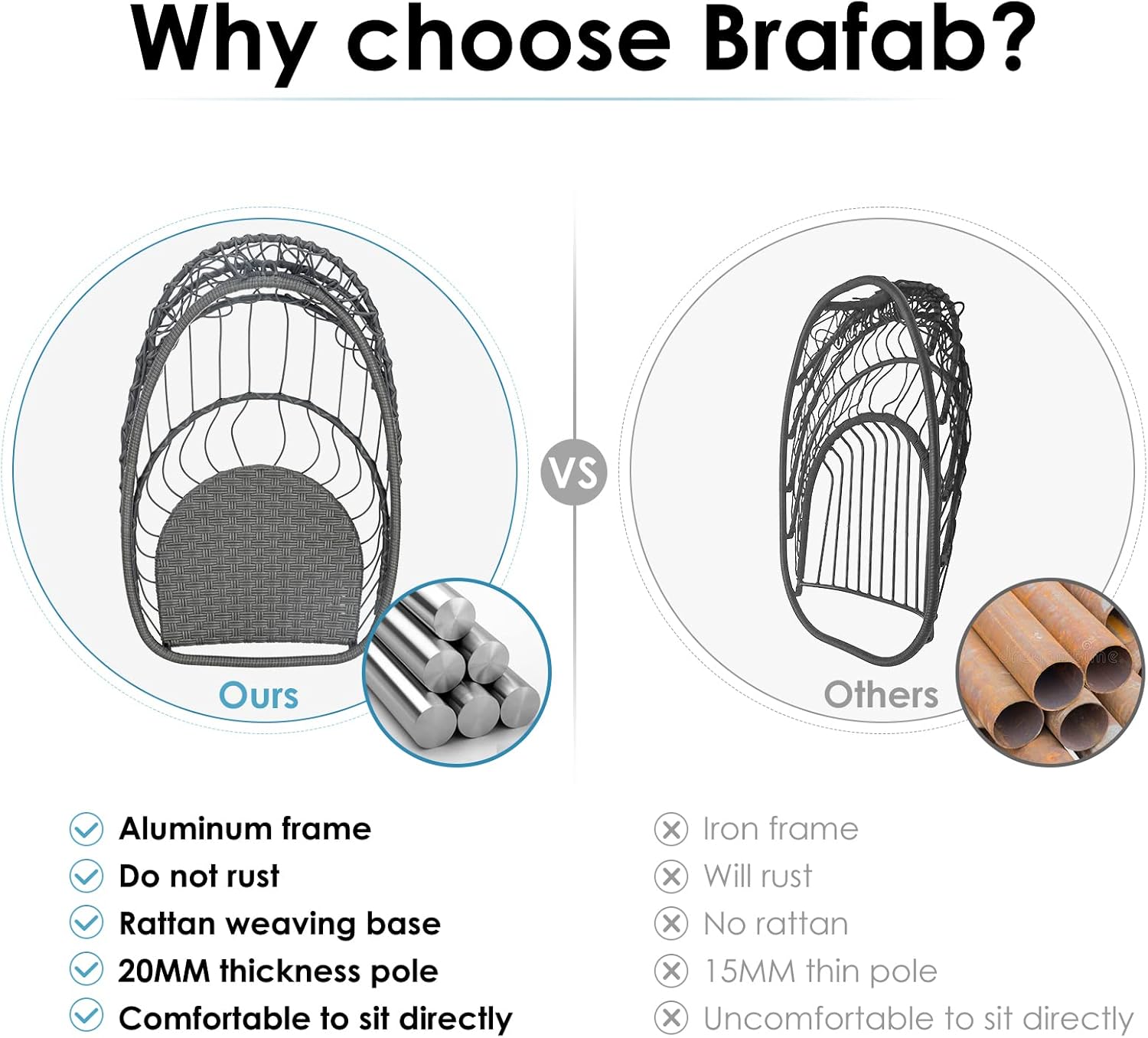 Brafab Wicker Rattan Hammock Egg Hanging Chair with Chain, Rusty Resistant Aluminum Frame and UV Cushion, Indoor Outdoor Bedroom Patio Porch Folding Camping Chair(Without Stand)