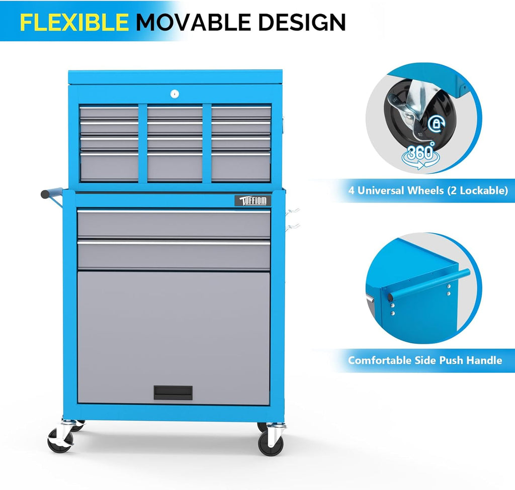 TUFFIOM 8-Drawer Rolling Tool Chest w/Lock, Tool Storage Cabinet w/Wheels, Detachable Top, Drawers & Drawer Liners, Tool Organizer Box for Garage, Warehouse & Repair Shop