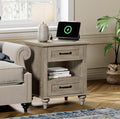 WAMPAT Farmhouse End Table Nightstand with Charging Station, Small Side Table with 2 Drawers & Shelf for Living Room, Light Wood Night Stand Bedside Table for Bedroom, Grey