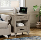 WAMPAT Farmhouse End Table Nightstand with Charging Station, Small Side Table with 2 Drawers & Shelf for Living Room, Light Wood Night Stand Bedside Table for Bedroom, Grey