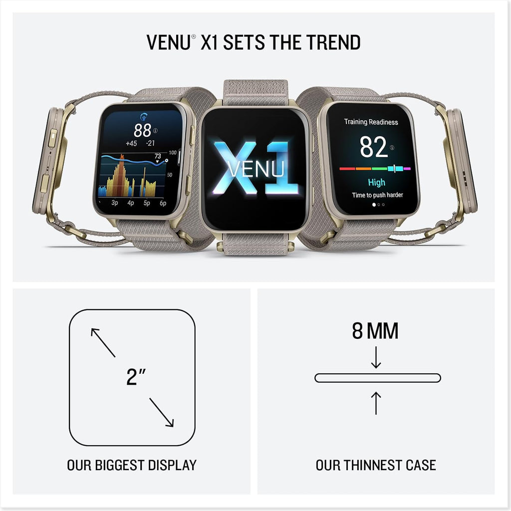 Garmin® Venu® X1  Thin and Lightweight GPS Smartwatch  AMOLED Display  Advanced Health and Fitness Features  Soft Gold with Titanium Caseback and French Gray ComfortFit Nylon Band