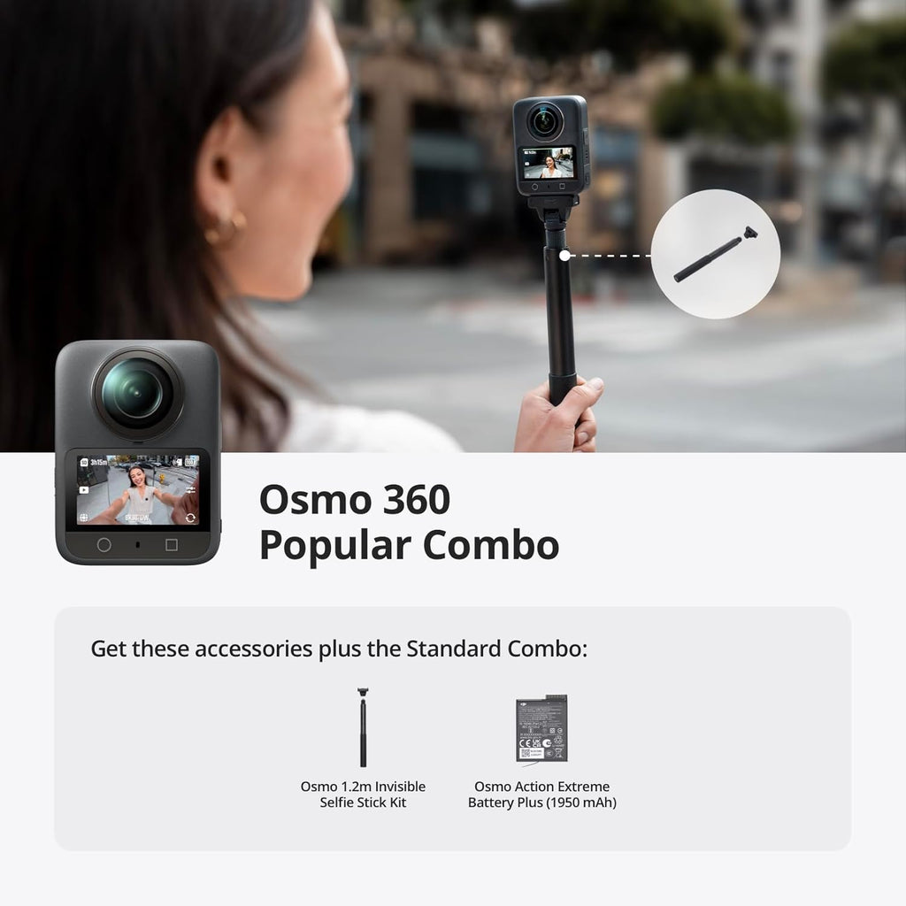 DJI Osmo 360 Essential Combo  360 Camera with 1-Inch 360° Imaging  Native 8K 360° Video  4K/120fps & 170° Boost Video  1.2m Invisible Selfie Stick Kit  Extended Battery Life with 2 Batteries