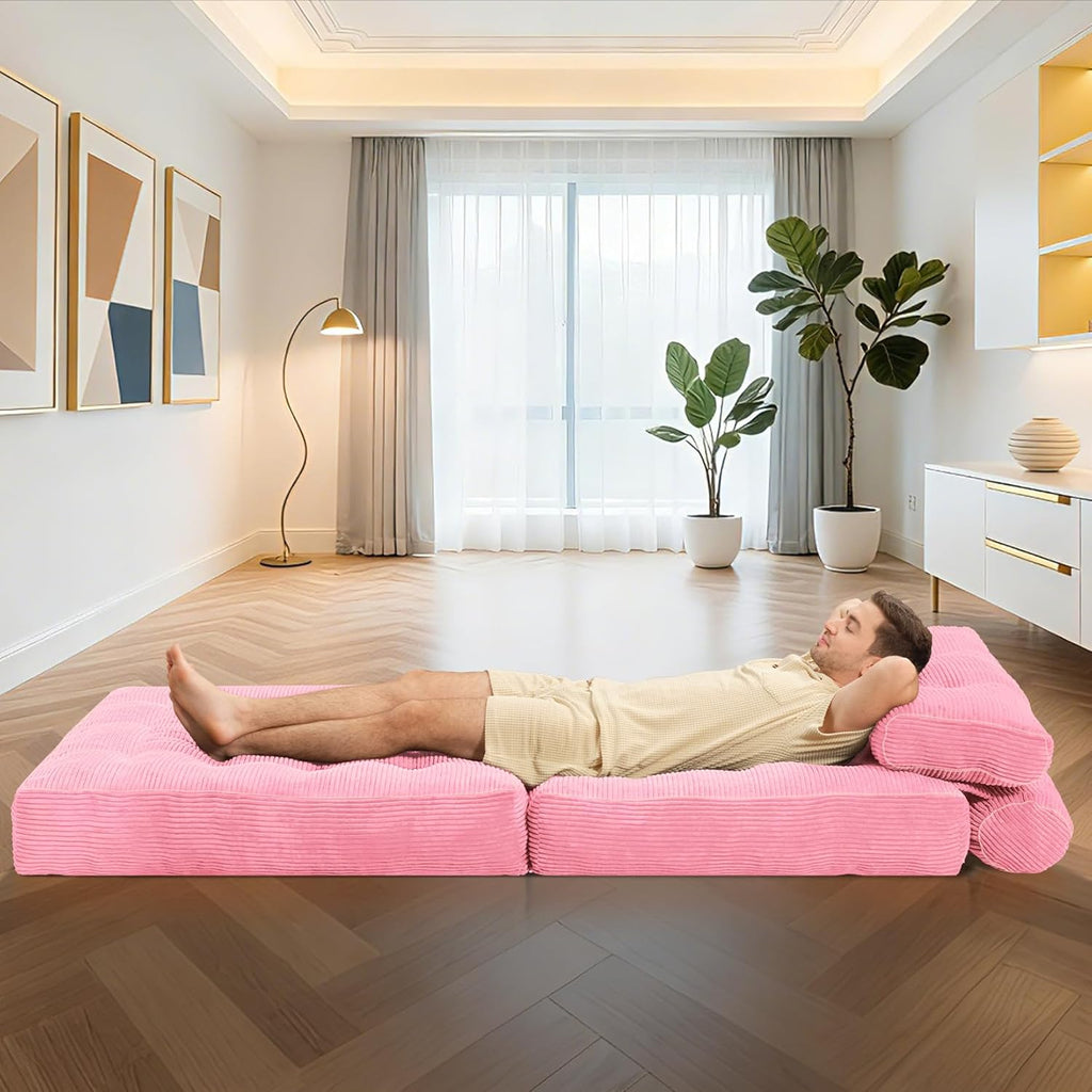 HABUTWAY Folding Sofa Bed, Convertible Sleeper Chair Bed w/Dual-Pillow & Handle, Foldable Floor Sofa Lounge w/Back Support for Living Room, Bedroom, Apartment, Office, Single, Pink