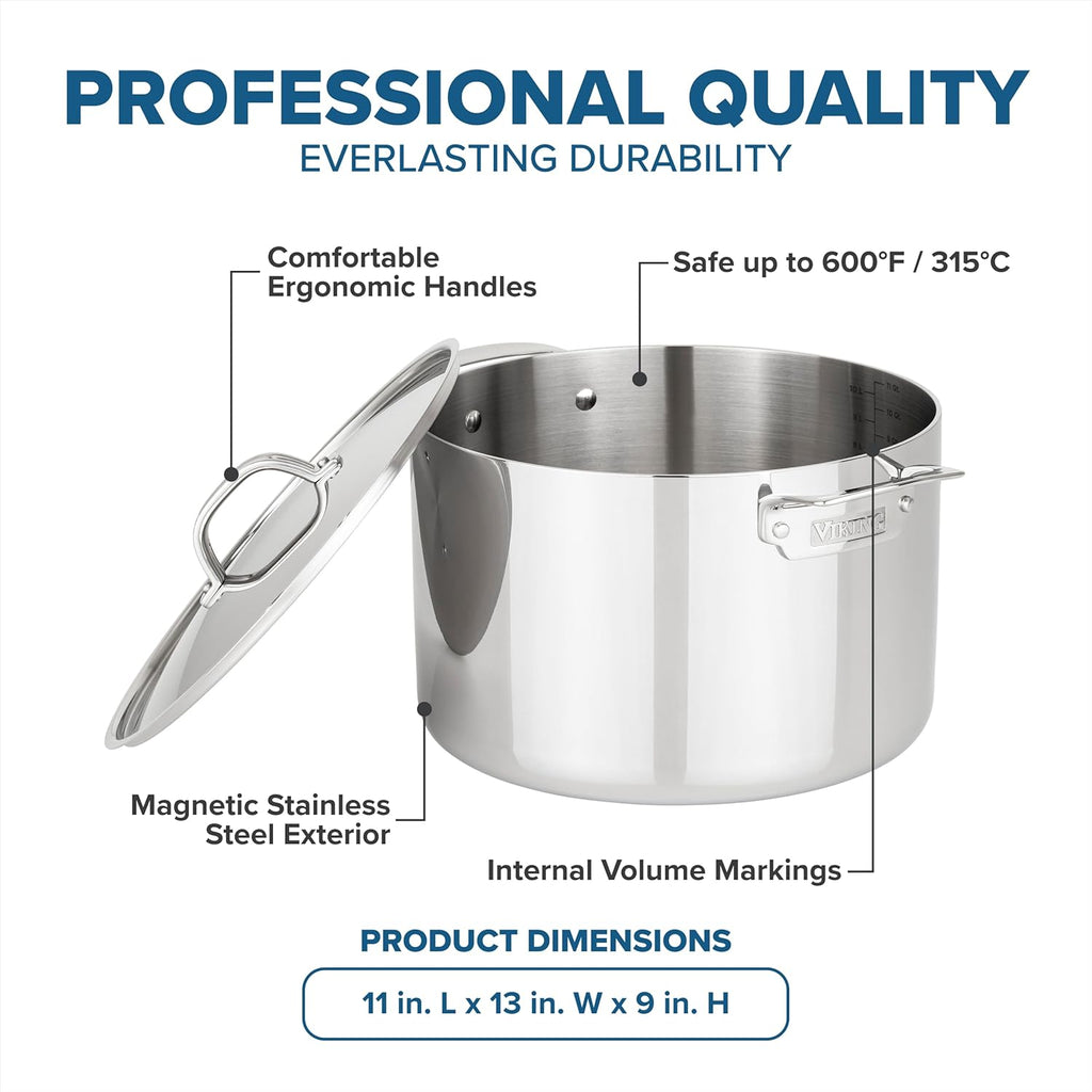 Viking 3-Ply Stainless Steel Stock Pot, 12 Quart Soup Cooking Pot with Lid, Kitchen Cookware, Dishwasher and Oven Safe, Induction Ready, Silver