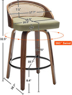 26" Swivel Rattan Bar Stools Set of 2,Mid-Century Modern Green Faux Leather Upholstered Counter Height Stools,Kitchen Island Barstools with Rattan Low Backrest,Walnut Wood Finish Bar Chairs