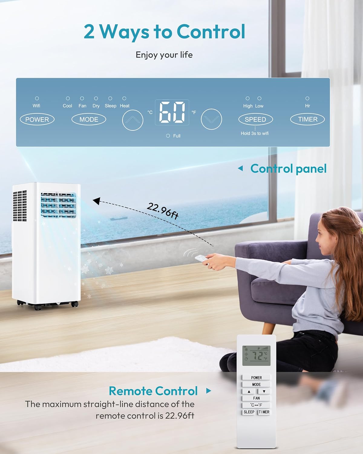 EUHOMY 12,000 BTU Portable Air Conditioners, 4-in-1 Unit with Cools, Heat, Dehumidifier, fan 550 Sq.Ft. with 450 CFM Airflow, App/Remote Control, Window Kit, for bedroom, livingroom