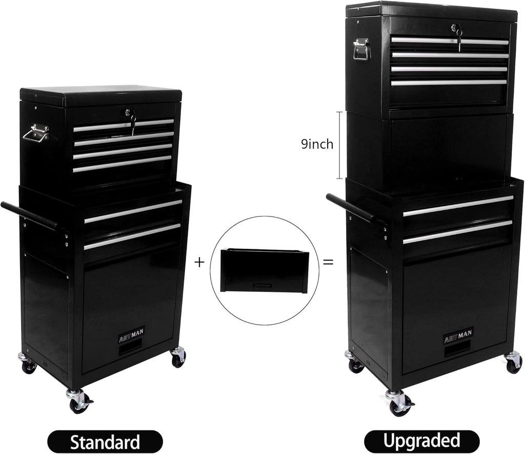 RYH 6 Drawers Rolling Tool Chest & Tool Box on Wheels | Heavy Duty Metal Cart with Ball Bearing Drawers | Fits US General Tool Box for Garage Storage (Black, 6 Drawers 3 in 1/51.99" H × 20.87" W)