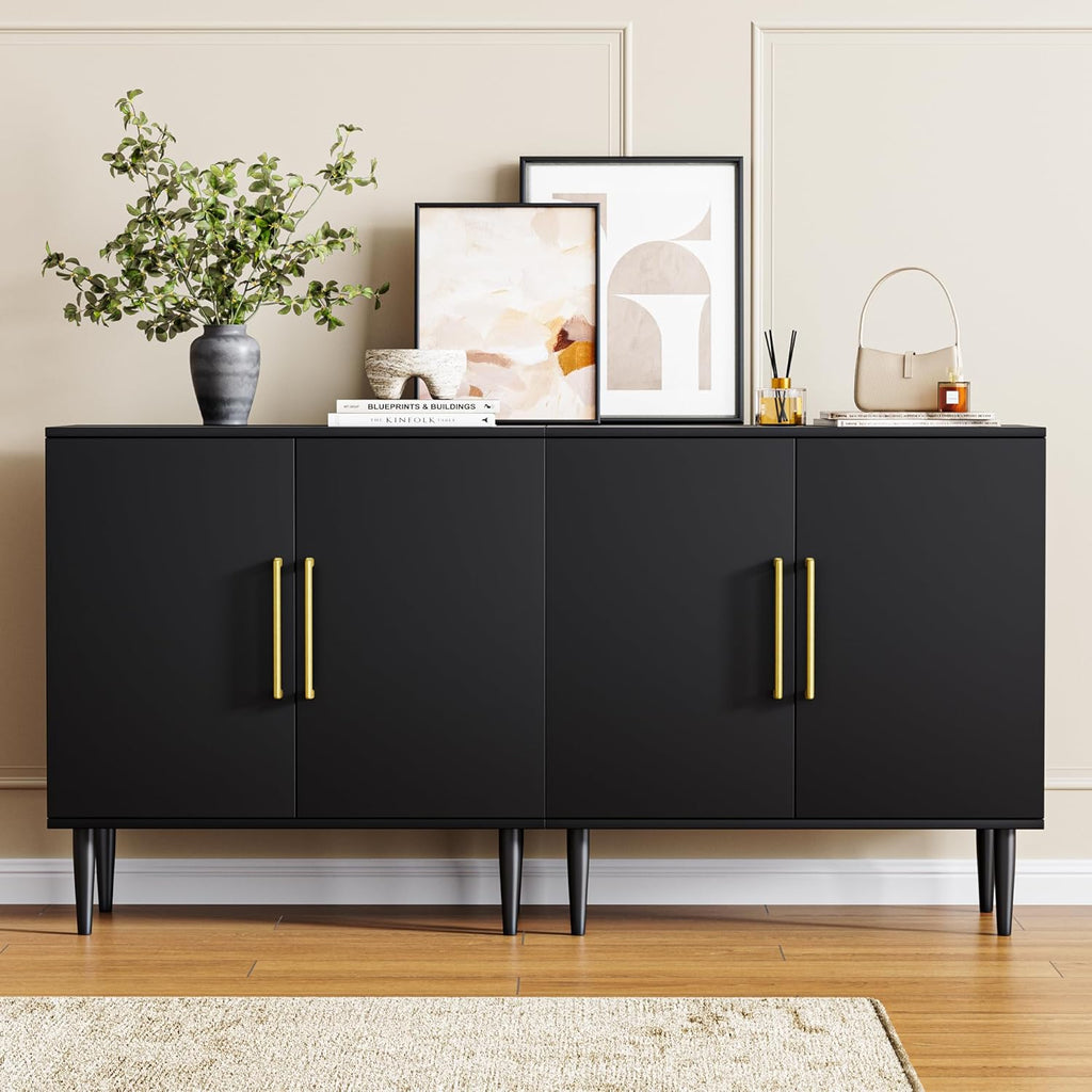 Black Buffet Cabinet, Free Standing Sideboard with Storage, Wood Accent Cabinet with Doors,Modern Credenza, Sideboard Storage Cabinet for Living Room, Dining Room(1, Black & Gold)