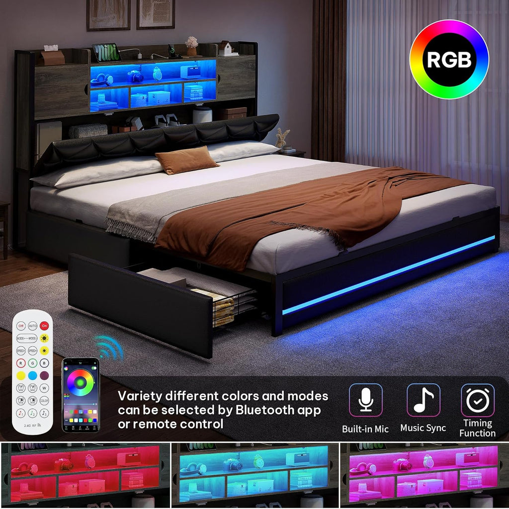 YITAHOME King Size Bed Frame with RGB LED Lights & Storage Bookcase Headboard, Upholstered Bed with Charging Station and 4 Drawers, No Box Spring Needed, Easy Assembly, Noise-Free, PU Leather Black