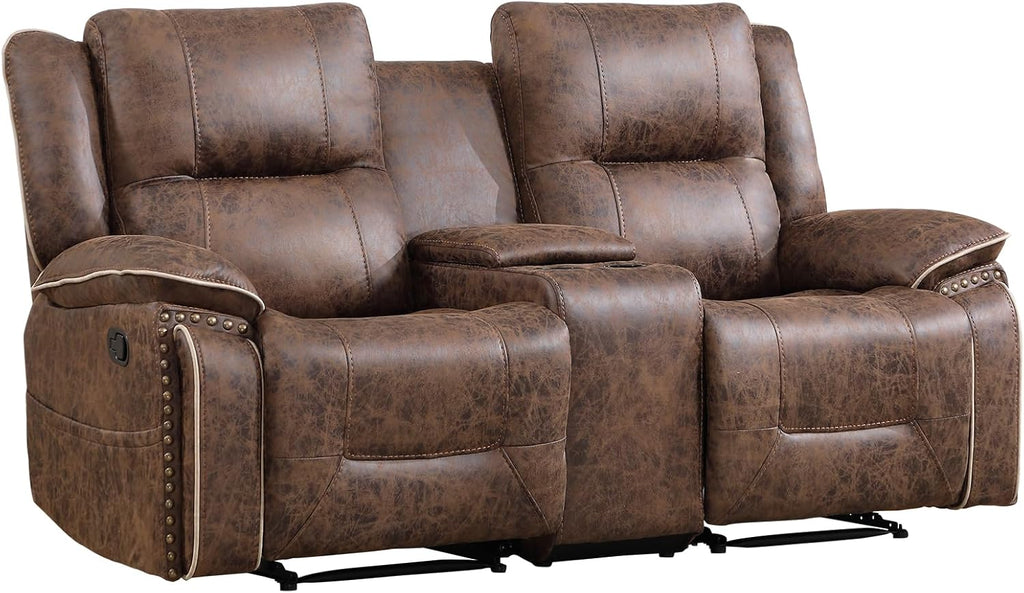 EBELLO Faux Leather Manual Recliner Loveseat, 2 Seater Reclining Sofa Chair with Center Console, Hidden Storage and Cup Holders, Vintage Rivet Mid-Century Design for Living Room, Meeting Room, Brown