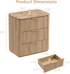 Fluted Nightstand Set of 2, Engineered Wood Bedside Table with 3 Drawers, Modern End Table with Faux Marble-Top, Curved Corners, Metal Handle, Large Night Stand for Bedroom, Office, Closet Natural Oak