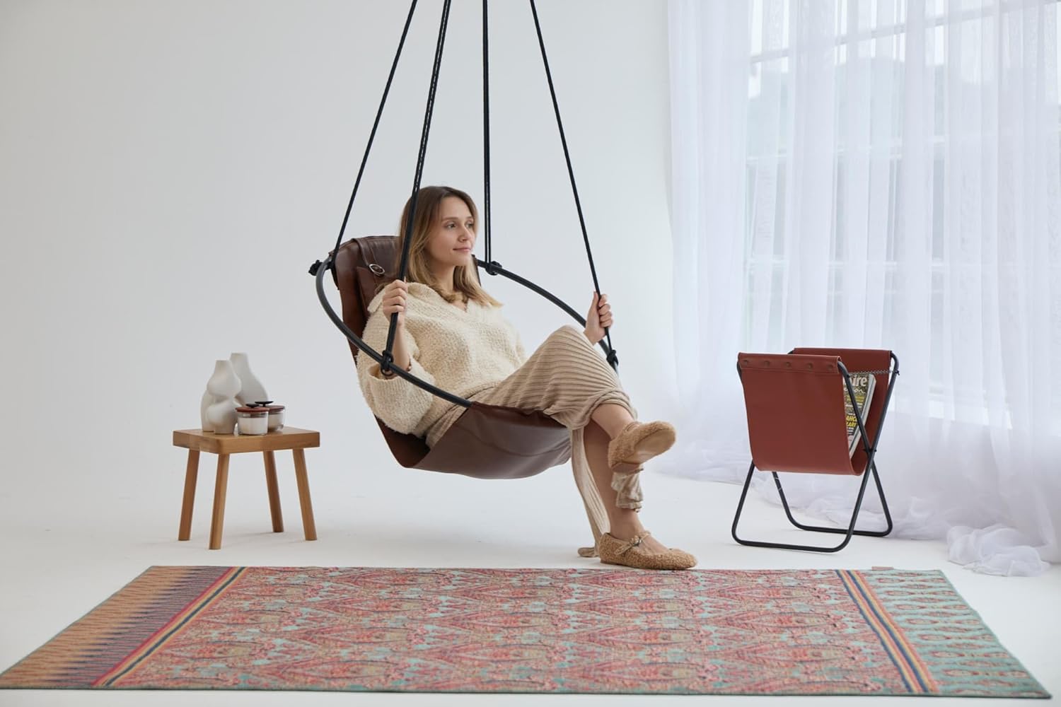 Hanging Egg Chair - Handmade Scandinavian Style Hammock Swing Chair, Hanging Chair for Bedroom, Indoor & Outdoor Patio Swing, Double-Layered Faux Leather