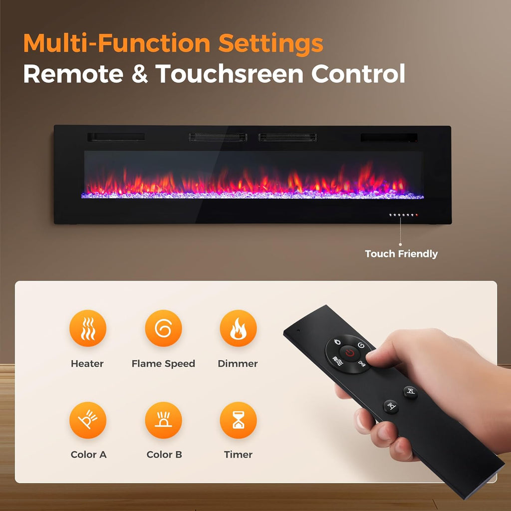 GREEN PARTY 72" Electric Fireplace Recessed/Wall Mounted Ultrathin 3.2" Fireplace Heater, Low Noise Linear Fireplace with Remote Control/Touch Screen, 8hrs Timer, Adjustable Flame & Bed Colors & Speed