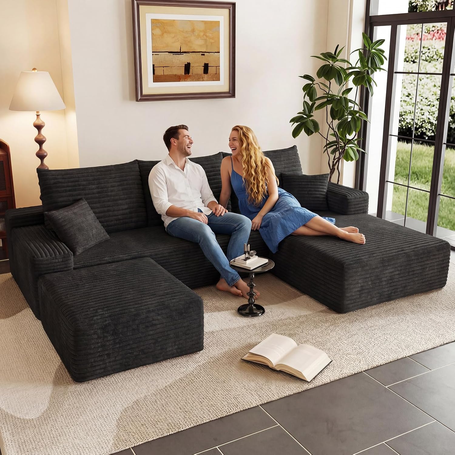 95" U-Shape Cloud Couch, Modern Modular Sectional L-Shape Sofa with Ottoman, Corduroy Upholstered Couches Deep Seat Sleeper Chaise Longue for Living Room, No Assembly Required(Black, Right Facing)