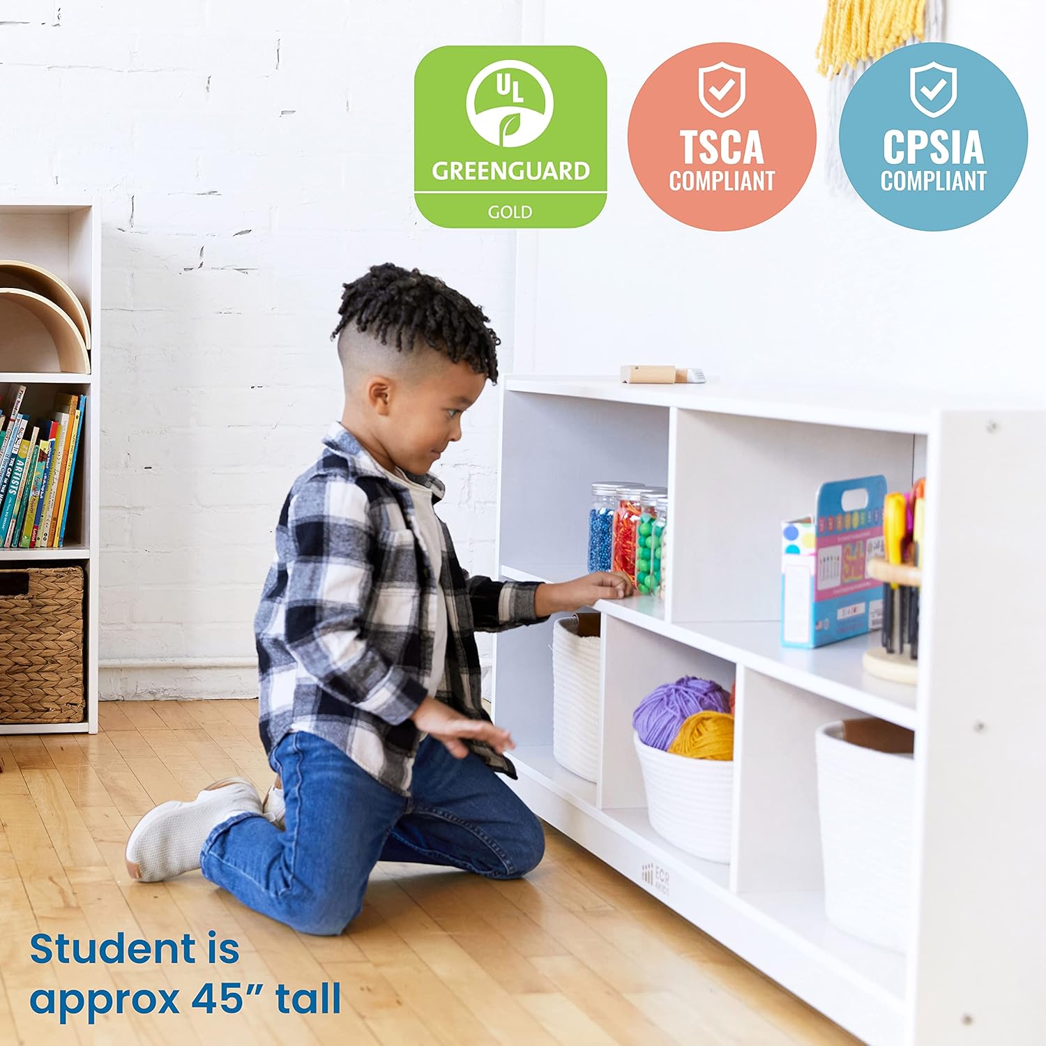 ECR4Kids 5-Compartment Mobile Storage Cabinet, Toddler, Classroom Furniture, White Wash