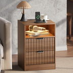 LED Nightstand with Charging Station, Fluted Nightstand Set of 2, Wood Nightstands with 2 Drawers & Metal Handles, Modern Bedside Table & End Tables, Farmhouse Night Stands for Bedroom, Walnut