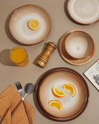 Pokini Stoneware Dinnerware Set Service for 4, 12 pcs Reactive Glaze Plates and Bowls Sets, Handmade Round Dishes Set, Highly Chip and Crack Resistant Modern Plate Set, Brown Yellow