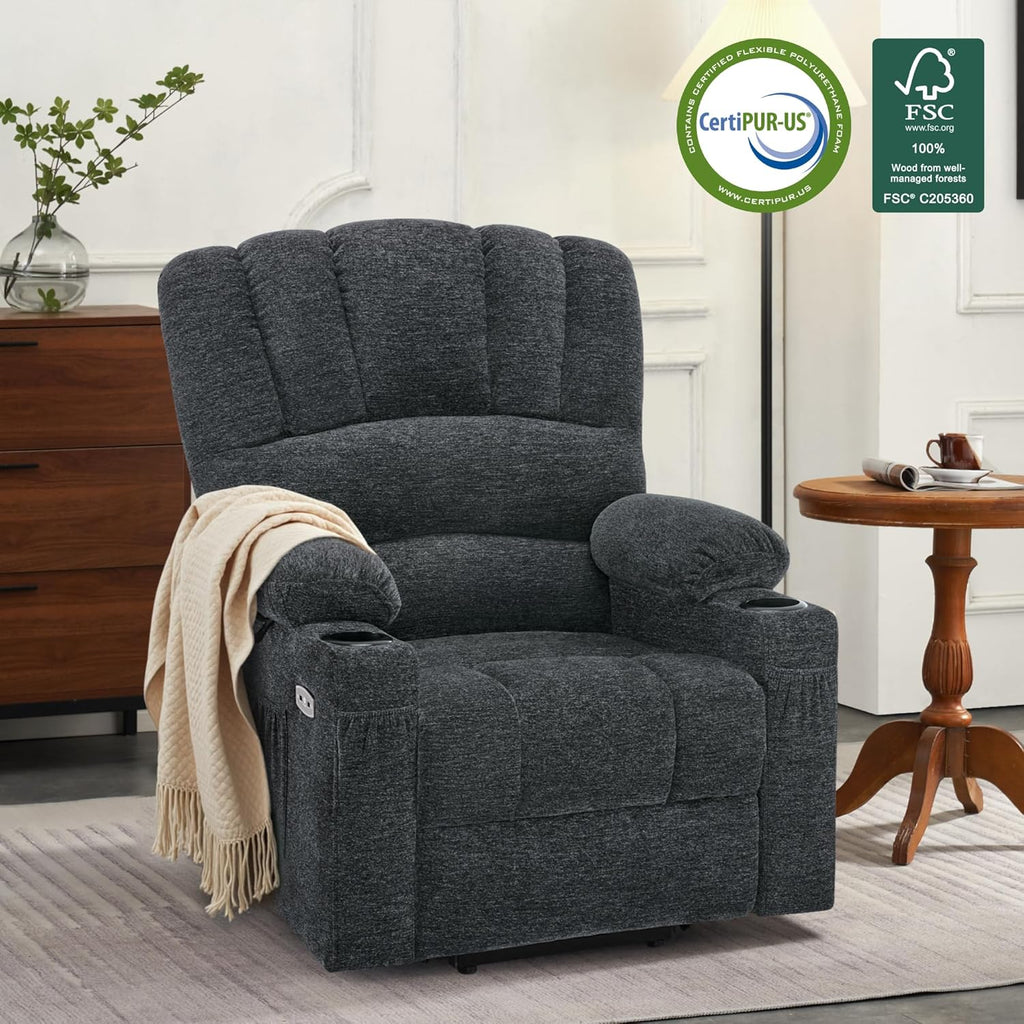 MCombo Power Lift Recliner Chair for Elderly, Lift Chair with Heat and Massage, USB &Type C Ports, Cup Holders, Fabric 7095 (Medium, Dark Grey)