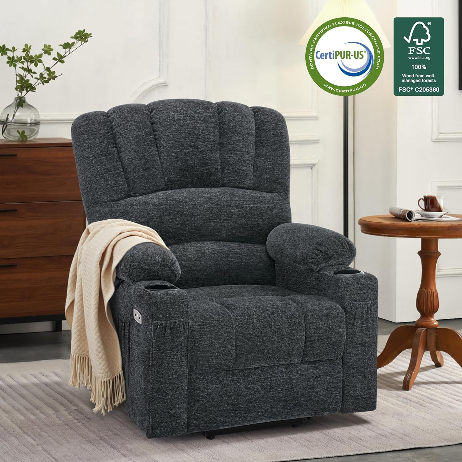 MCombo Power Lift Recliner Chair for Elderly, Lift Chair with Heat and Massage, USB &Type C Ports, Cup Holders, Fabric 7095 (Medium, Dark Grey)