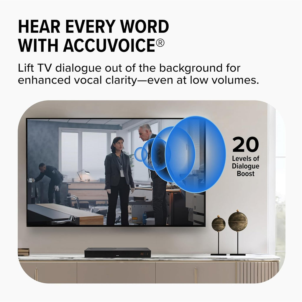 ZVOX AccuVoice AV835 Dialogue Clarifying Soundbar - Patented Hearing Technology with 20 Levels of Voice Boost  Dual Woofers  Low-Profile TV Speaker for Home Theater and Smart TV - Black
