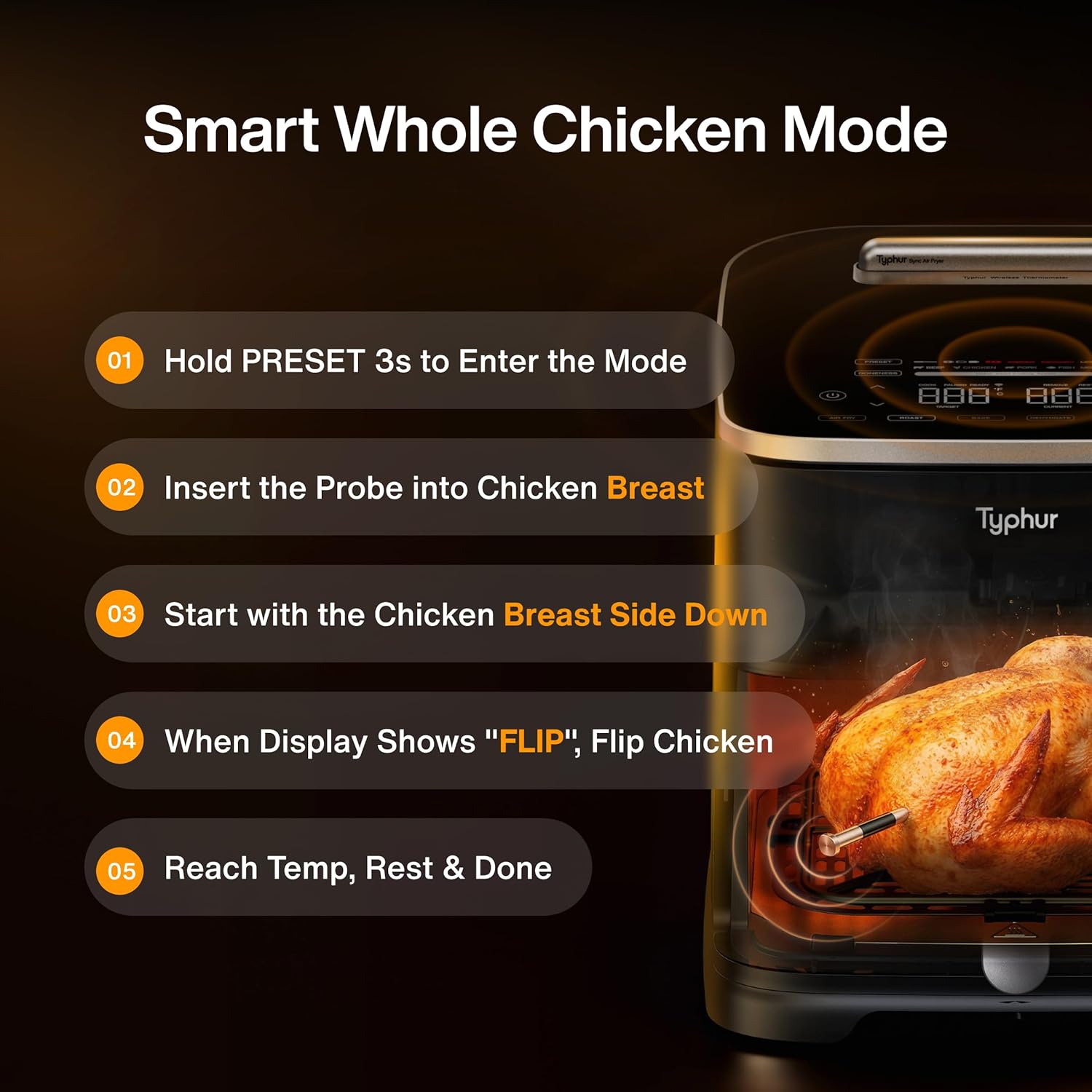 Typhur Sync 8QT AI Smart Air Fryer with Built-in Wireless Meat Thermometer, 9-in-1 XL Non Toxic Ceramic Airfryer, 450°F Max, Cooks 6lb Whole Chicken, Quiet & Dishwasher Safe, 120V