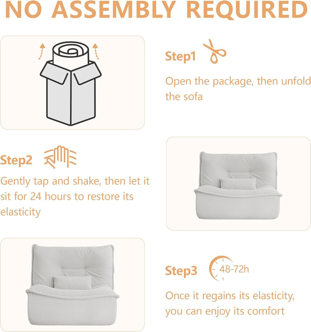 Bean Bag Chair for Adults, Single Lounge Chair with Lumbar Pillow, Comfy Floor Sofa with High-Resilience Foam, Lazy Accent Chair for Living Room, Bedroom, Apartment, Or Reading Corner, White