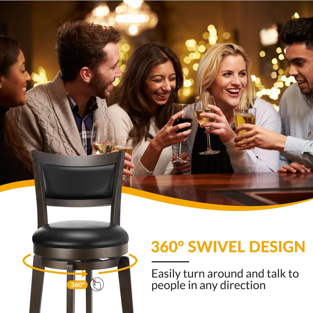 PrimeZone Swivel Bar Stools Set of 3, 26 Inch Counter Height Barstools, Black Faux Leather Bar Stool with High Backrest & Solid Wood Legs & Wrap-around Footrest, Counter Stools for Kitchen Island, Pub