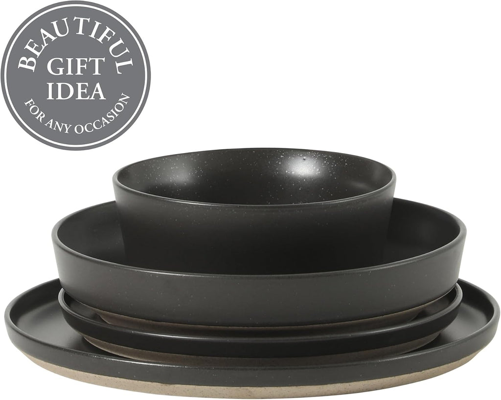Gibson Elite Overbrook 16-Piece Pottery Clay Stoneware Dinnerware Set – Black Reactive Glaze, Stackable Plates and Bowls W/Pasta Bowl, Service for 4 – Microwave & Dishwasher Safe
