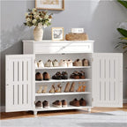 Yaheetech Shoe Cabinet, 4-Tier Shoe Storage Cabinet with Drawer & Adjustable Shelves, Wooden Shoe Rack Organizer with Louvered Doors for Entryway, Hallway, Closet, Living Room, White