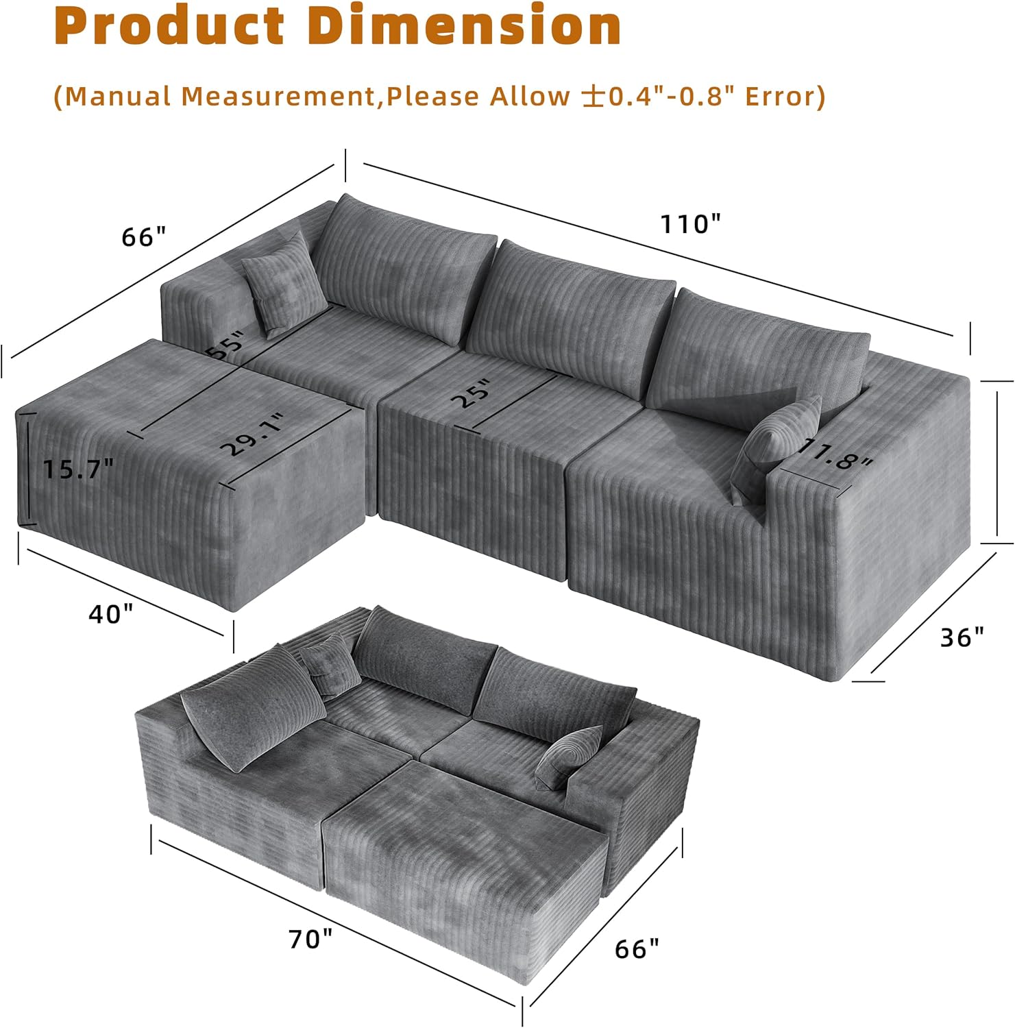 110" Boneless Couches for Living Room Cloud Couch Modular Sectional Sofa with Deep Seat Plush Large Foam Sofa L-Shape Sofa Couch,No Assembly Required, Carbon Gray(Plush Corduroy Fabric)