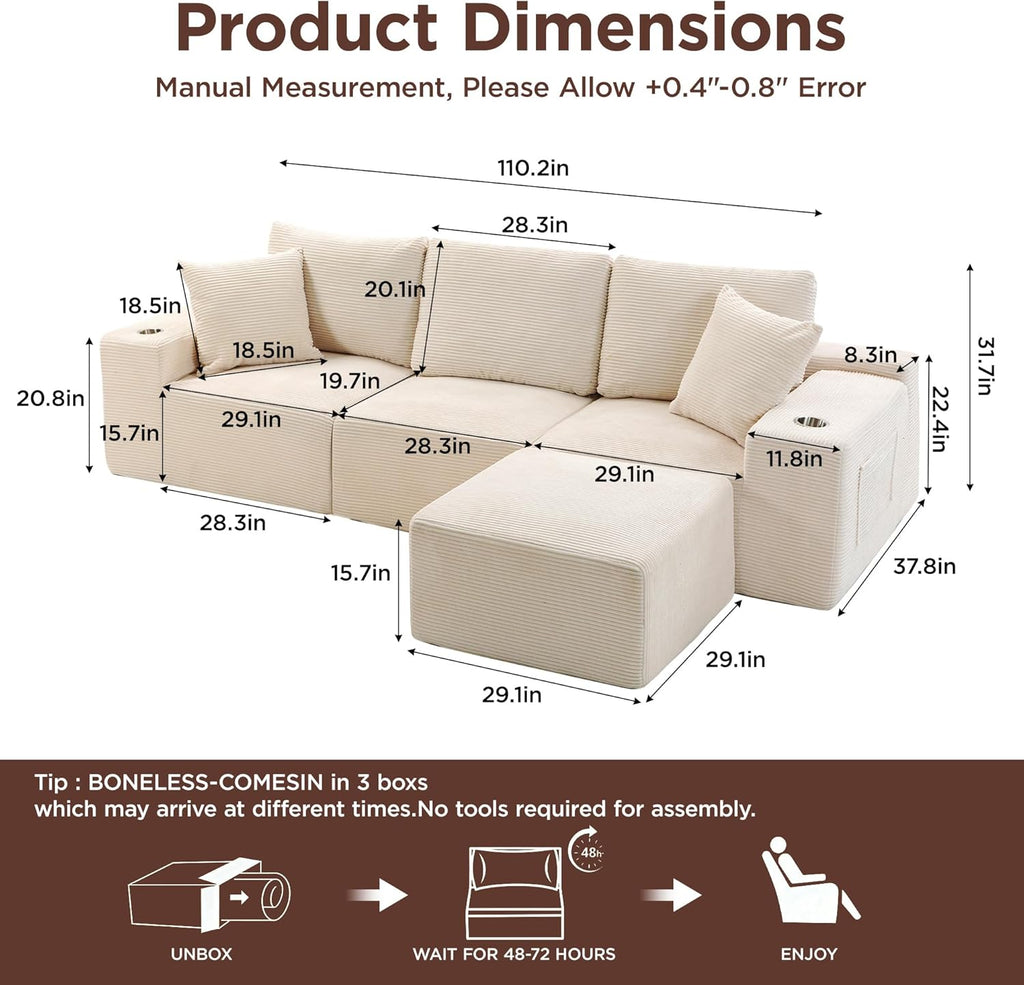 110"Modular Sectional Sofa Couches,Convertible L-Shape Cloud Couch 3 Seat Oversize Chaise with Ottoman,Compressed Foam,Comfy Boneless,Side Pockets,Cup Holders, for Living Room,Apartment,Corduroy Beige