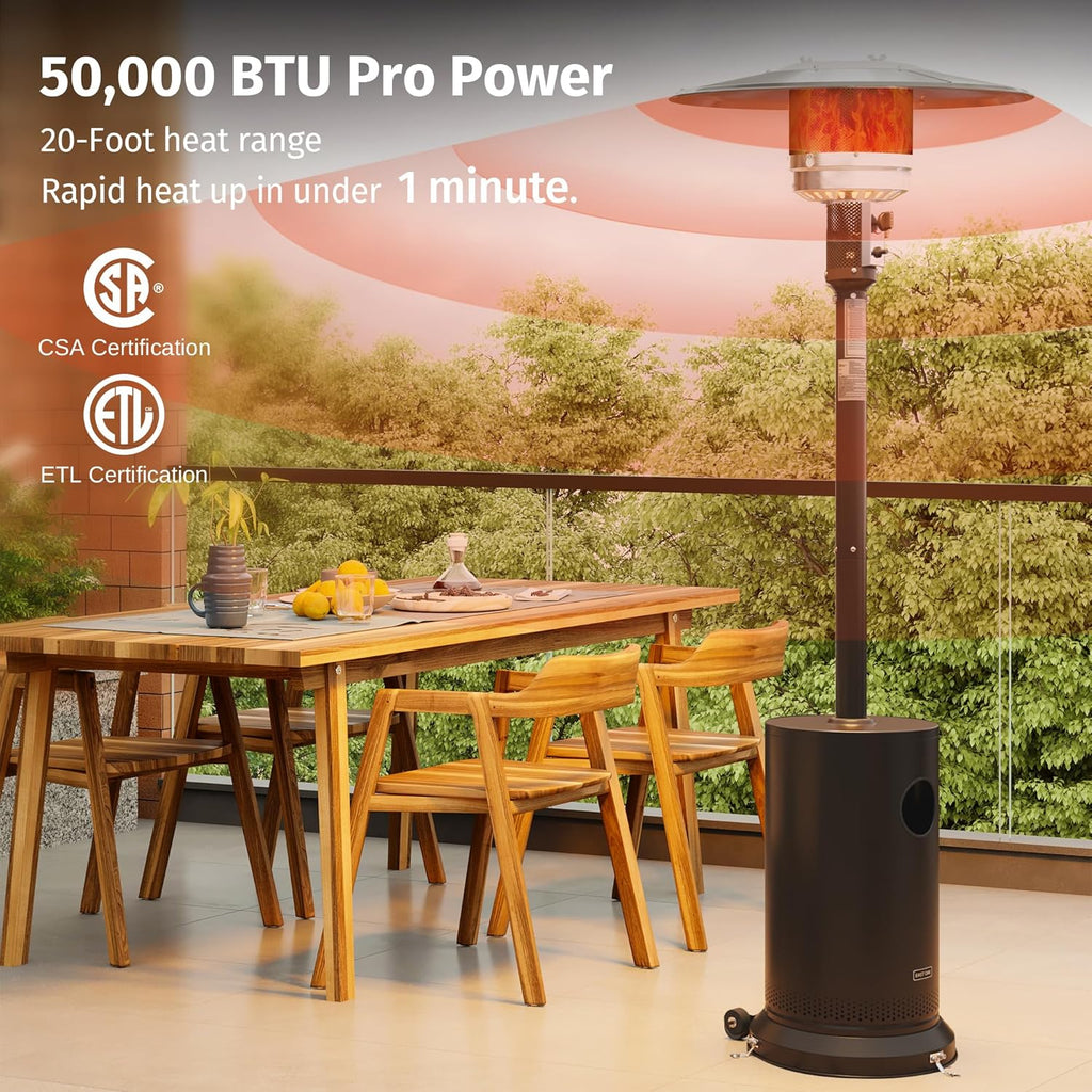 EAST OAK 50 000 BTU Patio Heater for Outdoor Use With Round Table Design  Double-Layer Stainless Steel Burner and Wheels  Outdoor Patio Heater for Home and Commercial  Bronze  31.9" x 31.9" x 86.6"