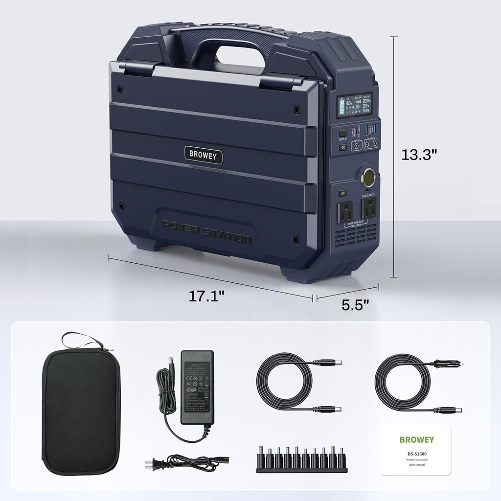BROWEY 1600W (3200W Peak) Portable Power Station  1024Wh LiFePO4 Battery with Built-in Solar Panel  100W USB-C PD  Solar Generator for Camping  RV  Home Backup  Emergency (Dark Blue)